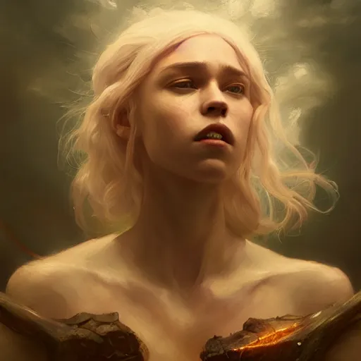 Image similar to the mother of dragons, beautiful oil painting, high detail, oil painting, greg rutkowski, charlie bowater, beeple, unreal 5, daz, hyperrealistic, octane render, rpg portrait, dynamic lighting, fantasy art, beautiful face