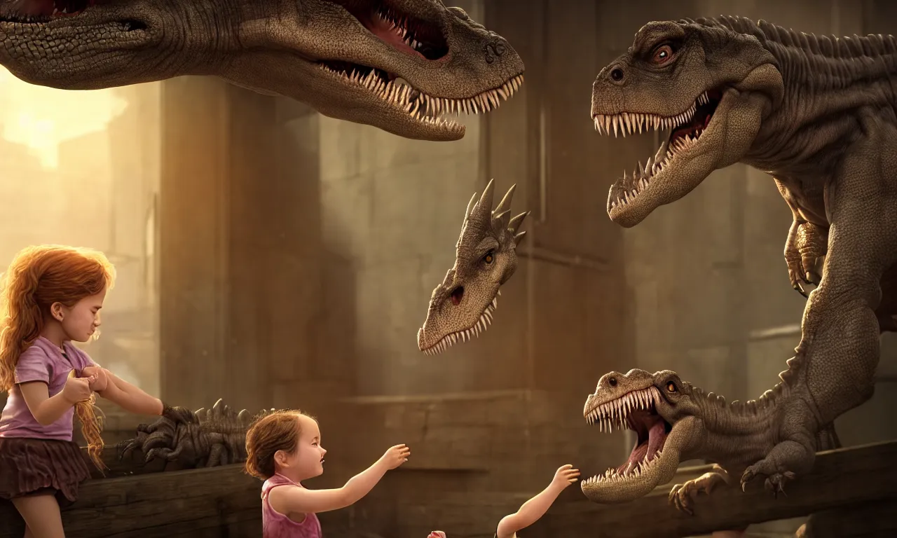 Prompt: portrait of a little girl sticking her hand through the bars and feeding a tyrannosaurus, very high details, raytracing, back light, raymarching, by ilm, by digital domain, by weta digital