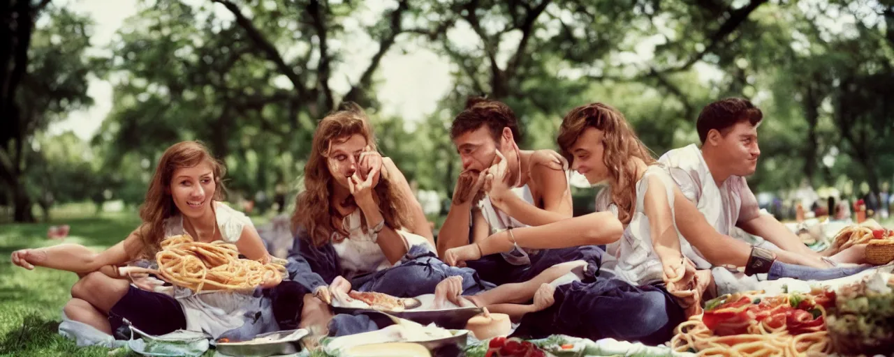 Image similar to young couple enjoying a spaghetti picnic in the park, high detail, perfect face, canon 5 0 mm, cinematic lighting, photography, retro, film, kodachrome