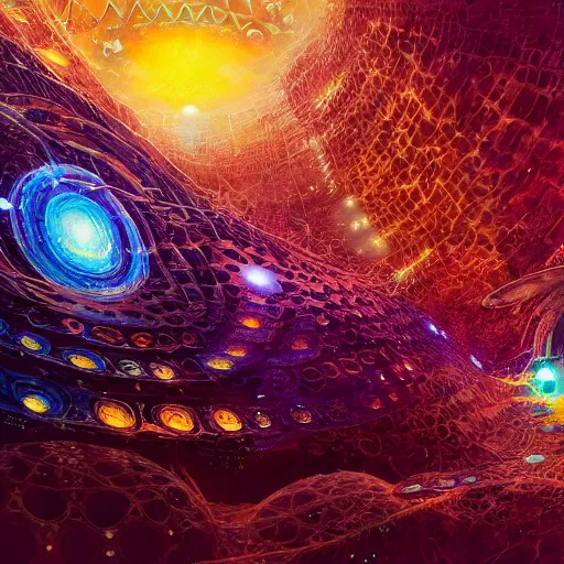 Image similar to cosmic web quantum intricate details matte painting weird cryengine render geometric by fenghua zhong, john berkey, m. c. escher, justin gerard, moebius, john stephens, andreas franke, tristan eaton
