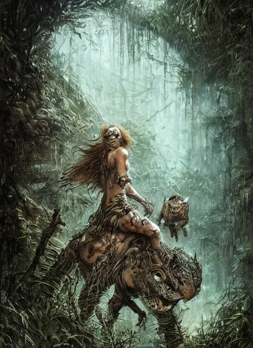 Prompt: a beautiful cute tribal woman riding a mutated jaguar in a post apocalyptic city overgrown with lush vegetation, by Luis Royo, by Greg Rutkowski, dark, gritty, intricate, backlit, strong rimlight, cover illustration, concept art, volumetric lighting, volumetric atmosphere,sharp focus, octane render, trending on artstation, 8k