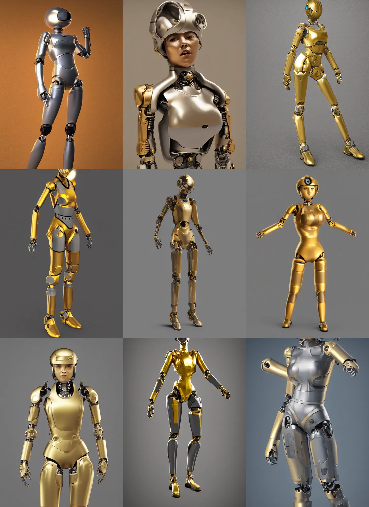 Prompt: futuristic girl robot :: gold exoskeleton :: tan transparent skin :: grey background :: realistic octane render