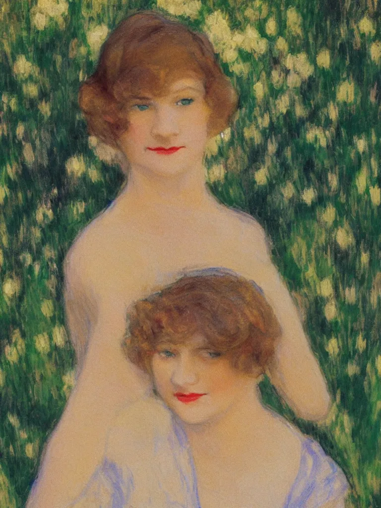 Image similar to zelda fitzgerald as a beautiful young girl, wearing 1 9 2 0 s fashion, brown hair, slim, fair, turning her head and smiling, in the sun, out of focus, backlit, close up, oil on canvas, by monet, in the style of le promenade