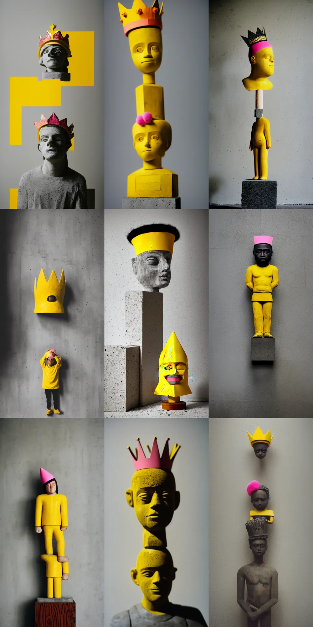 Prompt: kodak portra 4 0 0, 8 k, shot of a highly detailed, britt marling style, colour still - life portrait of a large minimalistic room, rough concrete walls, the wooden statue of a yellow black striped little man with pink crown on his head