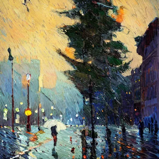 Image similar to beautifully lit by tom thomson, by antoine blanchard jaunty, lively. a computer art of a man caught in a storm, buffeted by wind & rain. he clings to a tree for support, but the tree is bent by the force of the storm. he is soaking wet. his face is contorted with fear & effort.