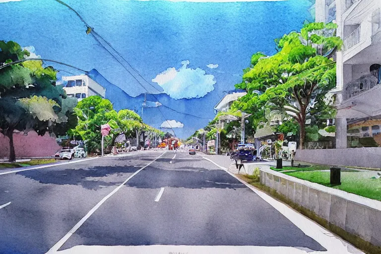 Image similar to !! watercolor!! penang road in a sunny day, artwork by tooth wu, colorful contrast, dark shadow, thick lineart