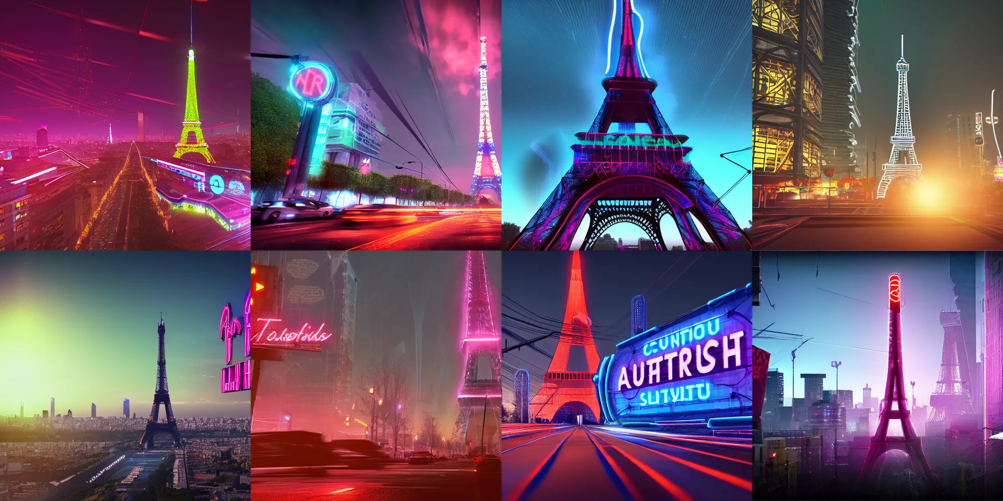 Prompt: A futuristic futuresynth dystopia Eiffel Tower, covered in billboards and neon signs. 8k, 4k, 8k wallpaper, unreal engine 5, cinematic, high definition, HDR, lens flare