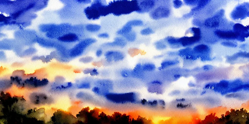 Image similar to beautiful cloudy sky, watercolor painting, immersive, dreamy, blueish, uhd, 8 k, art