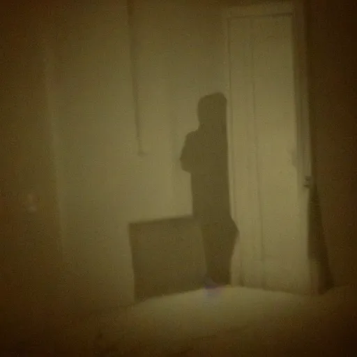 Image similar to terrifying thin man in the corner of a dark room, creepypasta, blurry camera photo