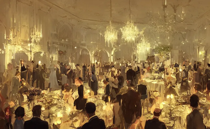 Image similar to craig mullins and ghibli digital painting of a 1 9 2 0 s grand party in a beautiful mansion, many partygoers, strong contrast, unreal engine, hyper realism, realistic shading, cinematic composition, realistic render, octane render, detailed textures, photorealistic, ultrawide shot, 3 5 mm film