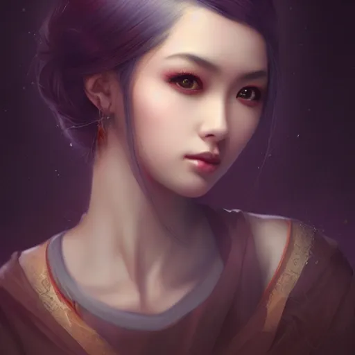 Image similar to gorgeous asian woman by tom bagshaw, artgerm, jeremiah ketner, beeple and charlie bowater, soft lighting, solid background,