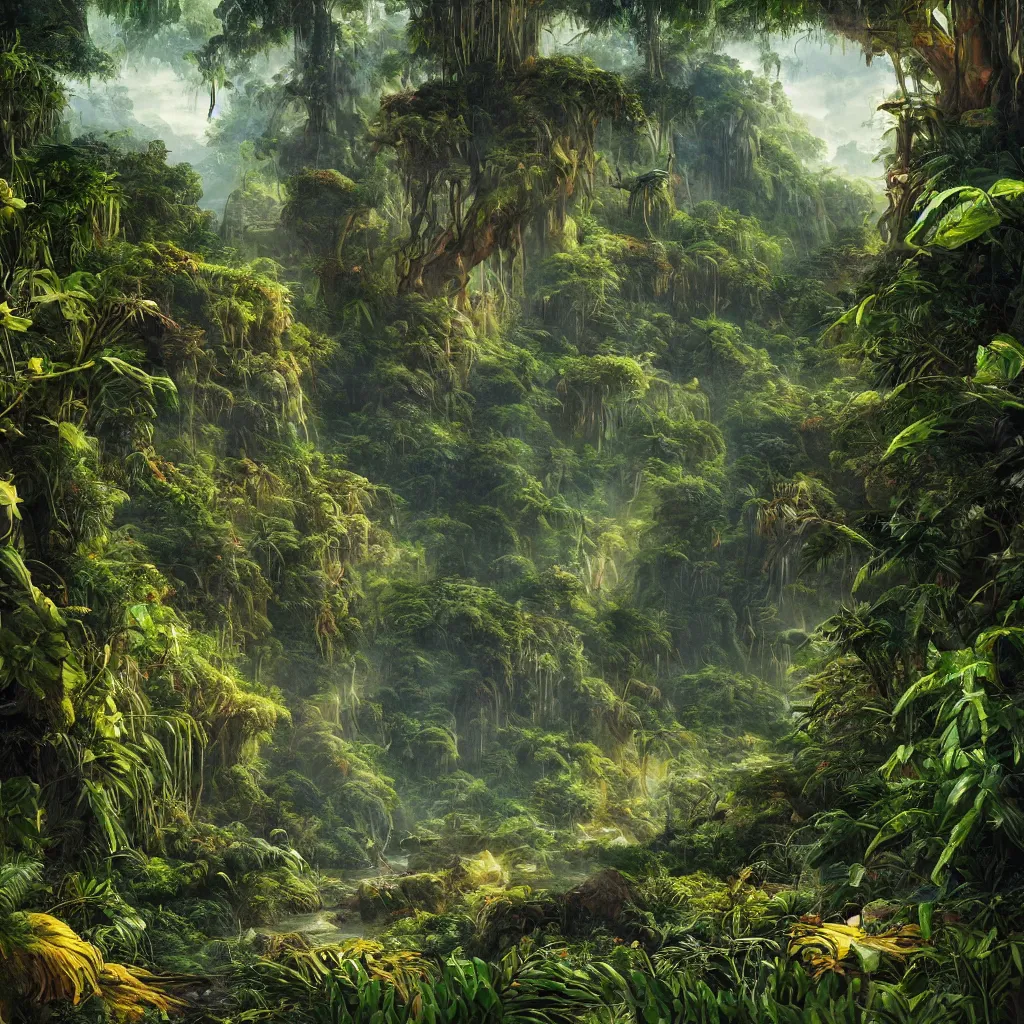 Image similar to painting of a jungle scene on an alien planet by vincent bons. ultra sharp high quality digital render. detailed. beautiful landscape. weird vegetation. water.