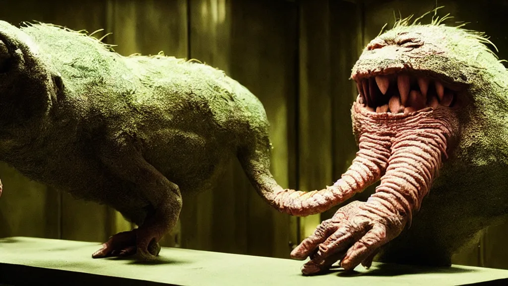 Image similar to a strange creature in a zoo, film still from the movie directed by denis villeneuve and david cronenberg with art direction by salvador dali and dr. seuss