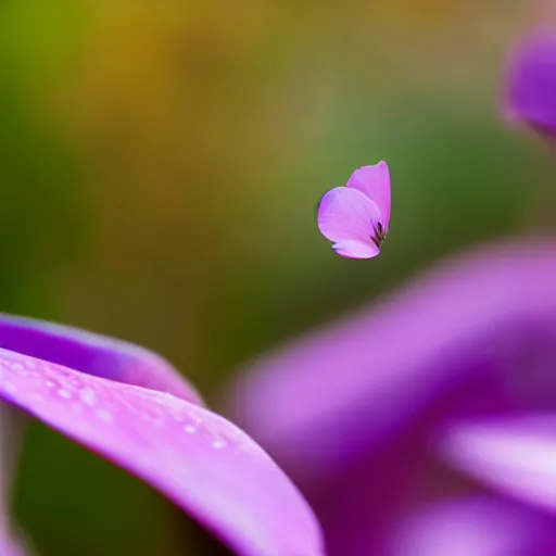 Prompt: closeup photo of purple petal flying above park, aerial view, shallow depth of field, 8 0 mm, f 1. 8