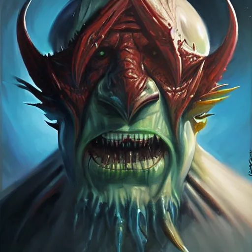 Prompt: Facial portrait. Warhammer 40K, Tzeentch, looking at the camera, slight evil smile. fear inspiring mood, intimidating, extremely detailed painting. by Greg Rutkowski and by Henry Justice Ford and by Steve Henderson.