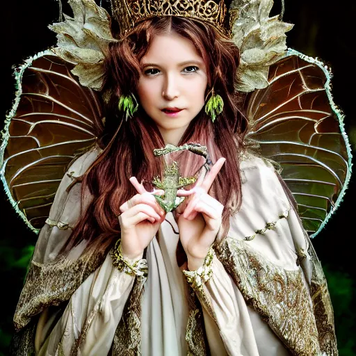 Image similar to beautiful fairy with ornate cloak and crown, highly detailed, 4k, HDR, smooth, sharp focus, hyper realistic, high resolution, award-winning photo