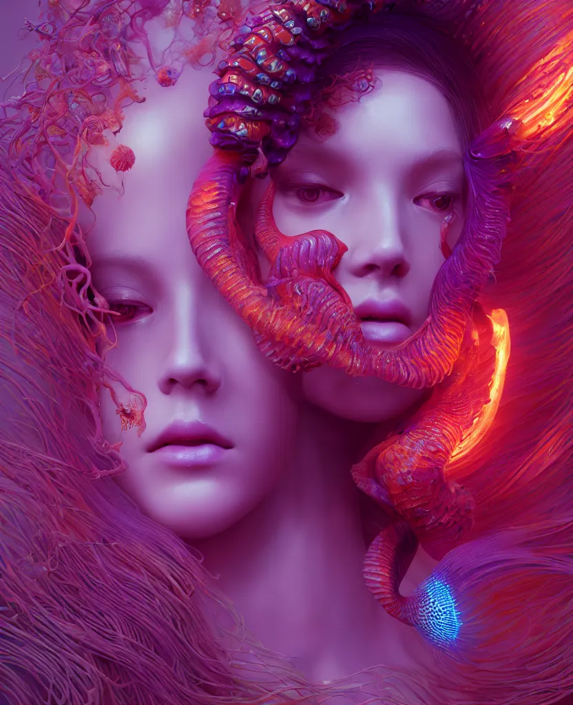 Image similar to goddess close-up portrait. orchid jellyfish phoenix head, nautilus, skull, betta fish, bioluminiscent creatures, intricate artwork by Tooth Wu and wlop and beeple. octane render, trending on artstation, greg rutkowski very coherent symmetrical artwork. cinematic, hyper realism, high detail, octane render, 8k