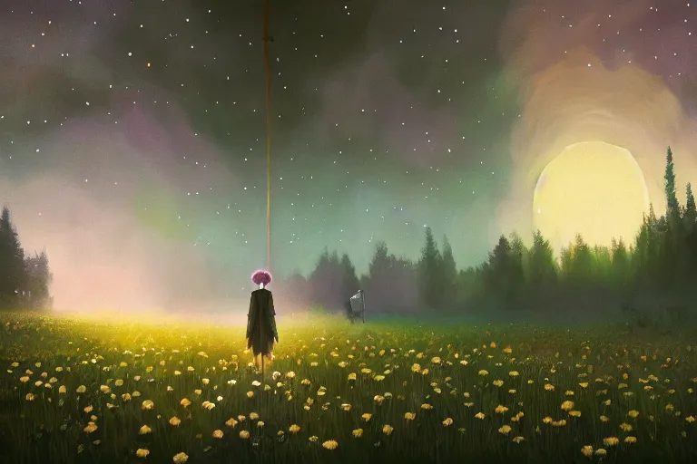 Prompt: giant daisy flower over head, girl walking in spirit forest, surreal photography, dark night, stars, moon light, impressionist painting, clouds, digital painting, artstation, simon stalenhag