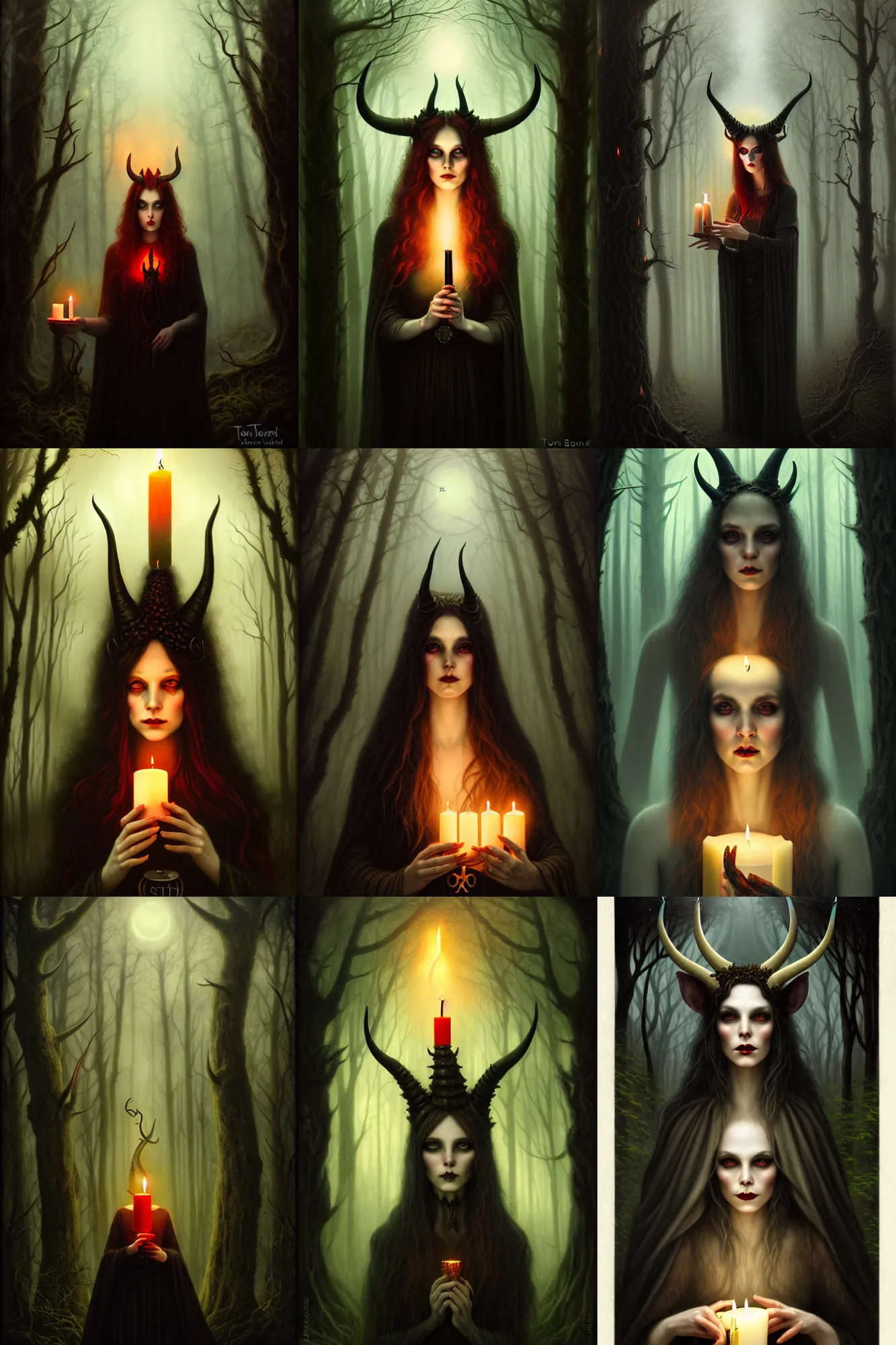 Prompt: a detailed portrait of a satanic witch with horns in head holding a candle in a scenic dark forest environment by tom bagshaw, a cathedral in the dark woods, magic, apocalypse, occult, magic