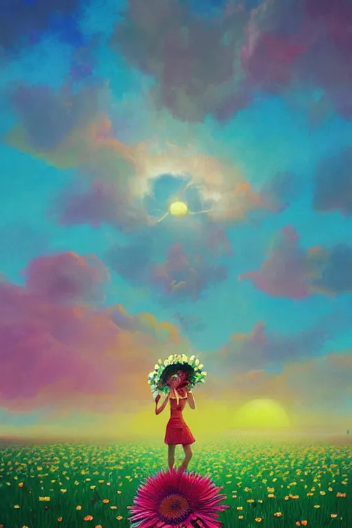 Image similar to giant daisy flower as head, girl dancing in a flower field, surreal photography, sunrise, dramatic light, impressionist painting, colorful clouds, digital painting, artstation, simon stalenhag