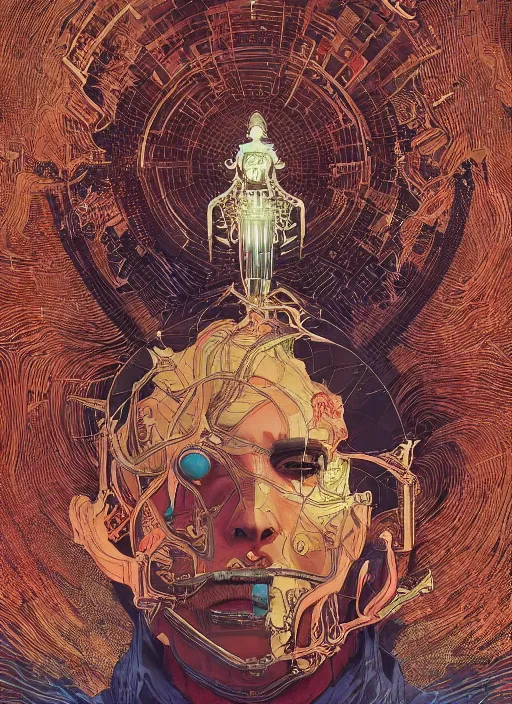 Image similar to We all live in a dystopian society cherishing silently the evil within, intrincate, maximalism, by Michael Whelan! Victo Ngai, Tyler Edlin, Ayami Kojima