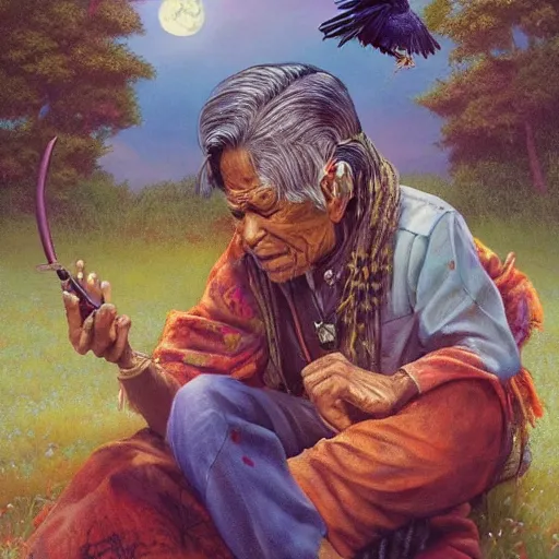 Prompt: an elderly indian don juan is sitting in a field with peyote and smoking a pipe, a raven walks next to him, by miho hirano, ross tran and ilya kuvshinov, realistic, detailed, beautiful fantasy detailed trending on artstation, oil painting, dramatic lighting, eterea, high quality print, fine art with subtle redshift rendering, ink