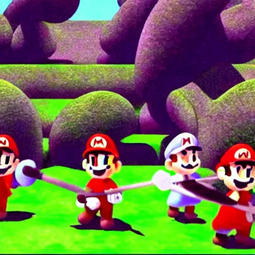 Image similar to a still of seven samurai, 1 9 9 6 super mario 6 4 graphics nintendo 6 4 visuals aesthetic