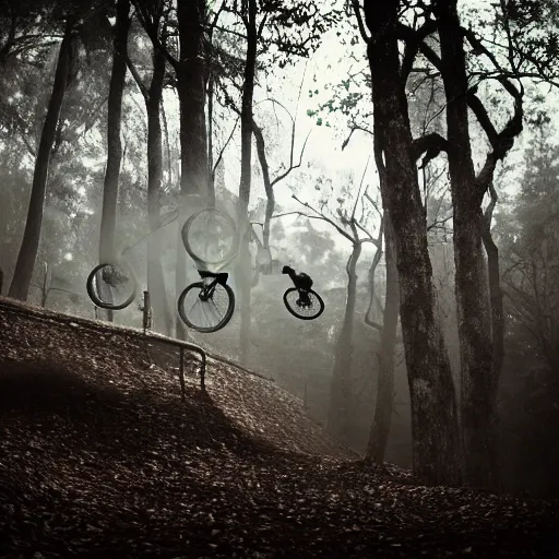 Prompt: a pro bmx biker doing tricks in a haunted forest filled with twisting old trees, vines, fog and creepy lighting