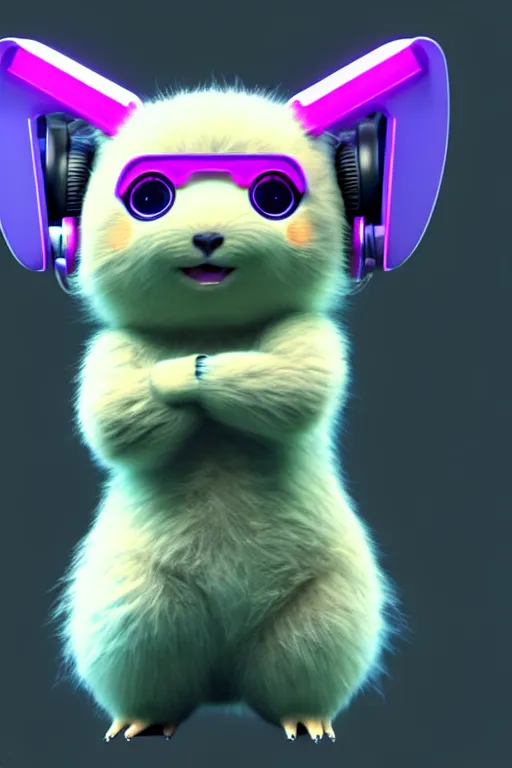 Image similar to high quality 3 d render neo - cyberpunk very cute half fluffy! wombat!! half cyborg with futuristic headphones, pastel mechanical! paw, cyberpunk monocle!, highly detailed, unreal engine cinematic smooth, in the style of detective pikachu, hannah yata charlie immer, neon purple light, low angle, uhd 8 k, sharp focus