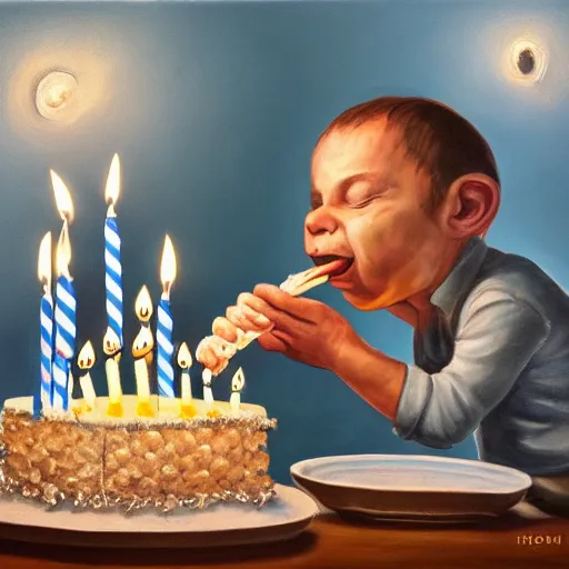 Image similar to intricate five star portrait of fish man blowing the candle at his birthday, oil on canvas, hdr, high detail, photo realistic, hyperrealism, matte finish, high contrast, 3 d depth, centered, masterpiece, grainy, muted colors, enhanced light effect, enhanced eye detail, artstationhd