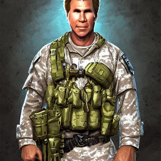 Image similar to Will Ferrell as a navy SEAL, high resolution fantasy concept art, intricate details, soft lighting