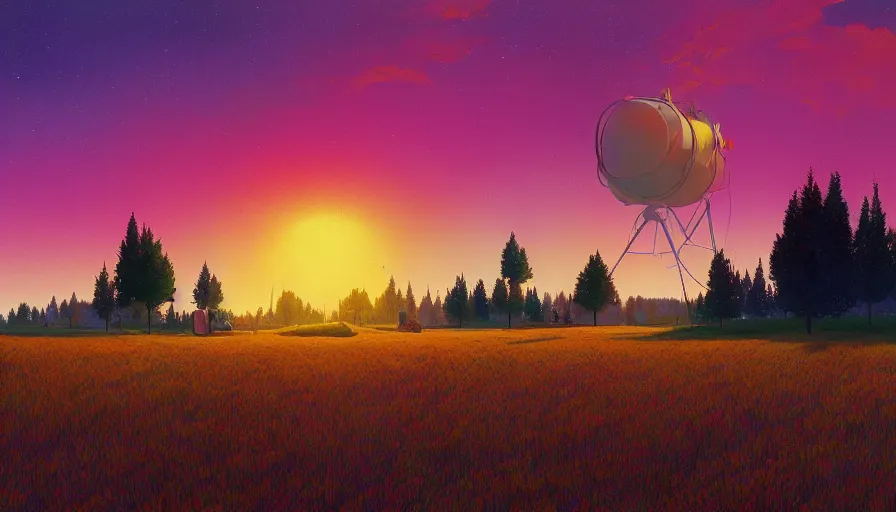 Image similar to sun in the colourful sky, wheat field, radio telescope, big trees, matte painting, art station, digital art, simon stalenhag