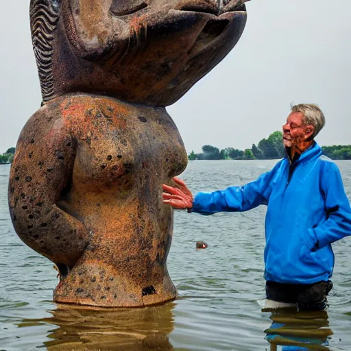 Image similar to giant ancient fish goddess blessing a young man in a boat