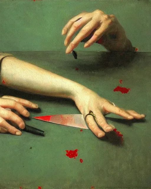 Image similar to by 1 9 th century famous painter, hands, nail polish, blood smear, knife, realism, realistic, oil painting, green wallpaper background