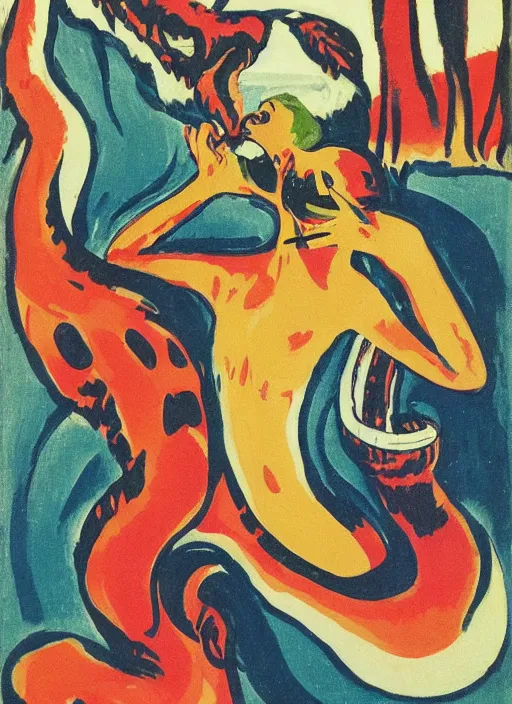 Image similar to a boa constrictor trying to get the last bit of toothpaste out of the tube, ernst ludwig kirchner