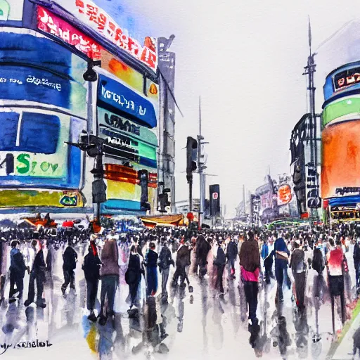 Image similar to shibuya crossing, water color painting