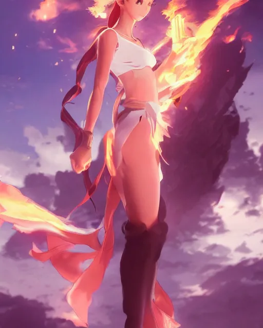 Prompt: fire goddess, very sexy outfit, medium shot, visible face, detailed face, perfectly shaded, atmospheric lighting, by makoto shinkai, stanley artgerm lau, wlop, rossdraws