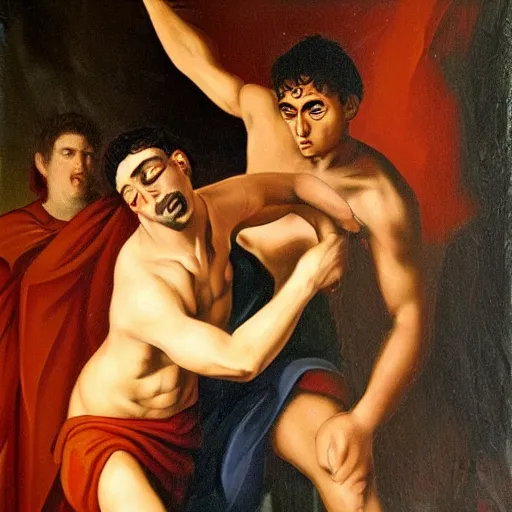 Image similar to oil painting of 20 year old Mediterranean man beating up an 18 year old Mediterranean man, dressed in biblical clothing, dark colors, dramatic abstract oil painting
