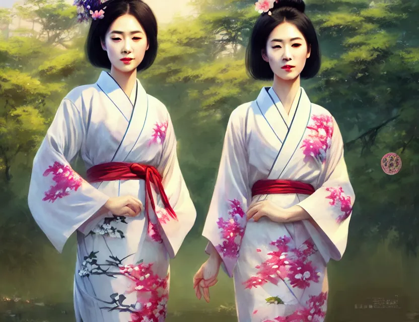 Image similar to two beautiful fashion taiwan girls wear elegant yukata in festival | | big eyes, sunny, realistic shaded, smile, good looking, fine details, 4 k realistic, cryengine, realistic shaded lighting poster by greg rutkowski, magali villeneuve, artgerm, jeremy lipkin and michael garmash and rob rey