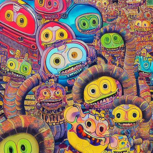 Image similar to beautiful painting of anthropomorphic steam railway engine monster truck snake oil salesman cowboy caveman hydra, neo - andean architecture art by takashi murakami, art by lisa frank, art by jacek yerka, art by victor moscoso. lifelike mechanical eyes. locomotive snake. trending on artstation, hyperrealism, 1 0 k