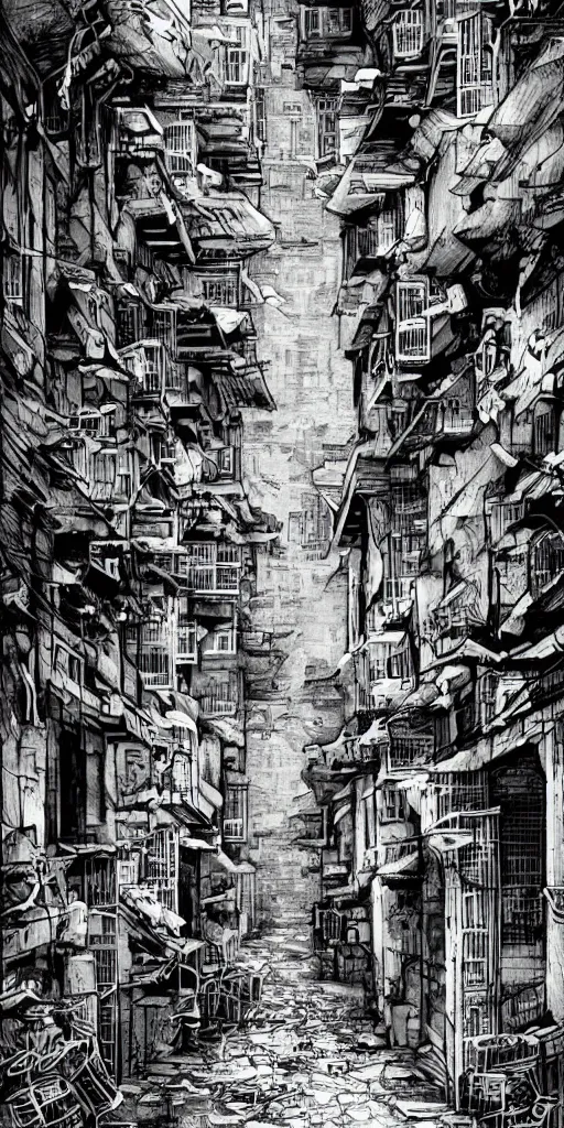 Image similar to abandoned old alleys in hong kong, epic vines, illustration by niko delort, black and white ink