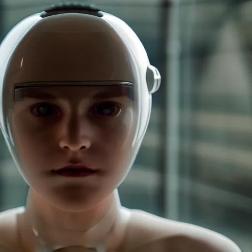 Prompt: portrait of humanoid robot from ex machina, transparency, transparent, glass dome, see - through, gears and lights, cinematography by stanley kubrick, intricate, elegant