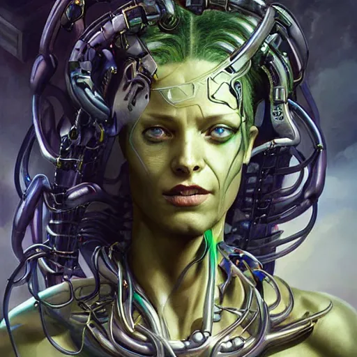 Image similar to medusa as a cybernetic being by raymond swanland, highly detailed, bright tones