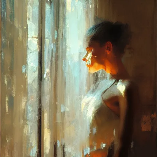 Prompt: portrait of a emotional dancer practicing alone, soft window light, long shadows, by craig mullins, jeremy mann.