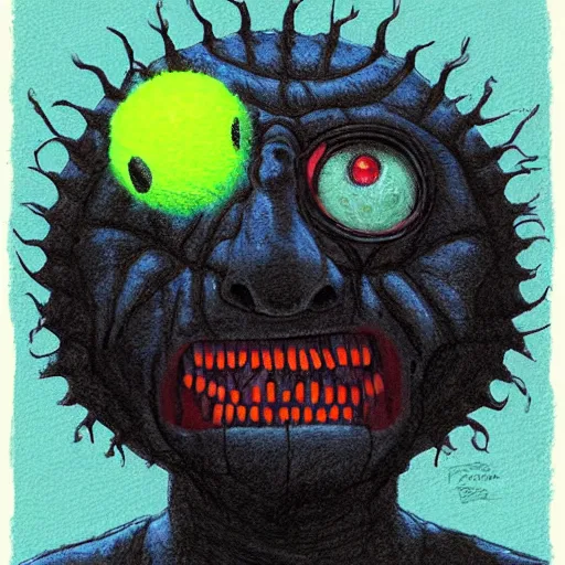 Image similar to a tennis ball monster, tennis ball, dark, chalky, stanger things, digital art, fantasy, magic, trending on artstation, ultra detailed, professional illustration by Basil Gogos