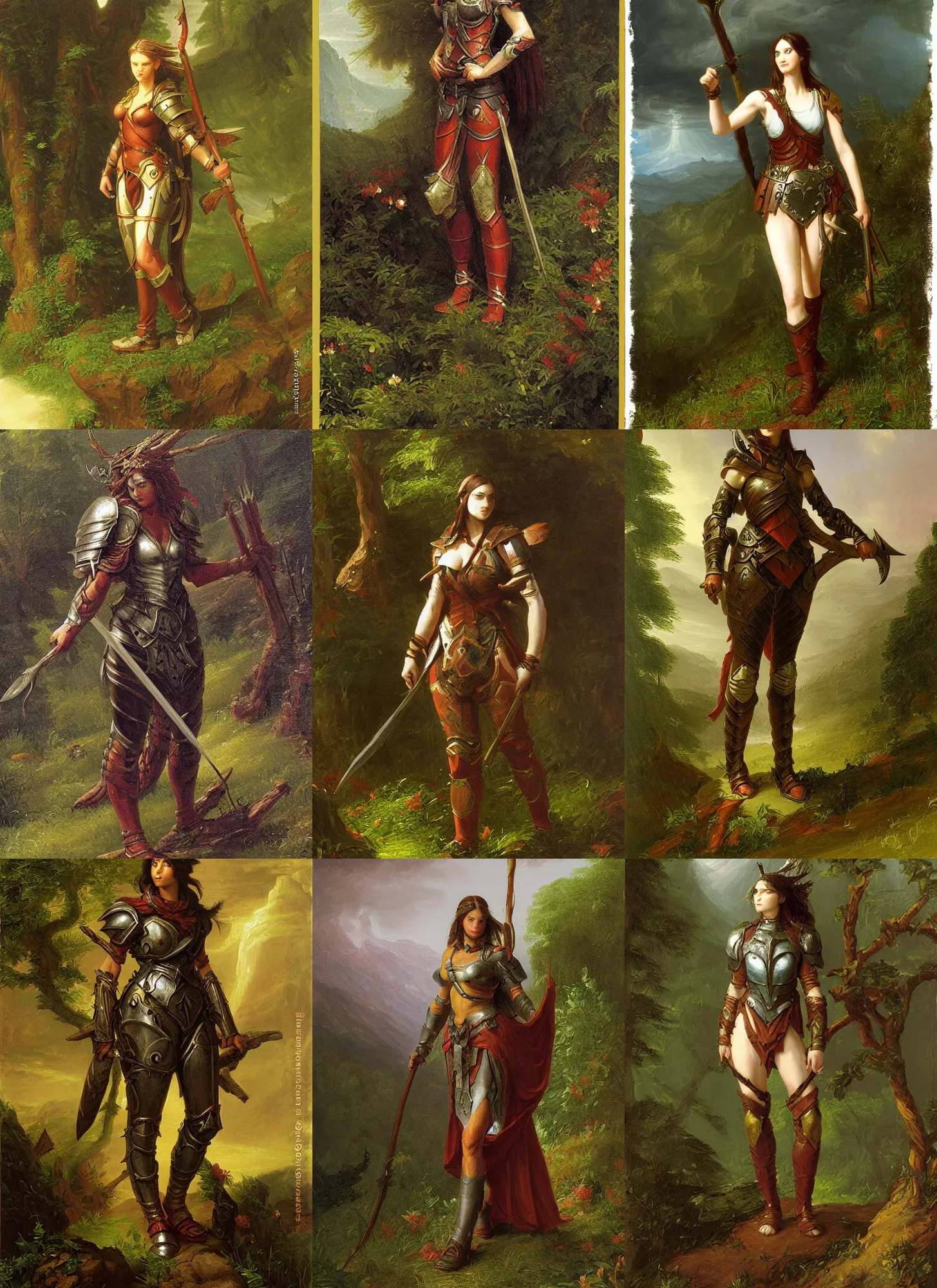 Prompt: thomas cole painting of a detailed d & d style full body female forest warrior wearing full armor