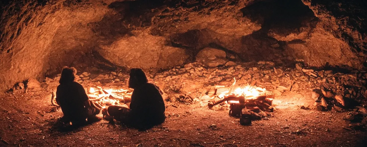 Image similar to caveman sitting alone next to a fire and a giant mound of spaghetti in a cave at night, canon 5 0 mm, super detailed face, facial expression, cinematic lighting, photography, retro, film, kodachrome