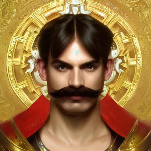 Prompt: symmetry!! portrait of mario from super mario, fantasy, medieval wear, intricate, elegant, highly detailed, digital painting, artstation, concept art, smooth, sharp focus, illustration, art by artgerm and greg rutkowski and alphonse mucha