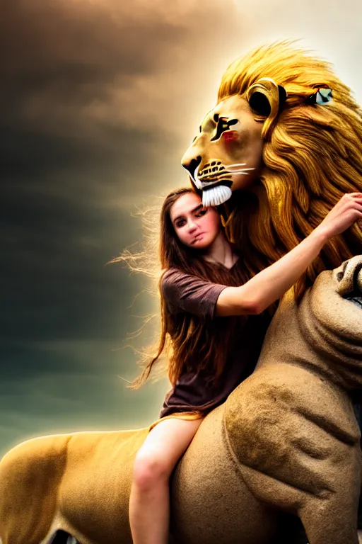 Prompt: girl riding on a lion, 2 0 year old girl, extremely detailed, high quality, 4 k, cinematic, dramatic lightning, photo realistic, beautiful face, highly detailed face