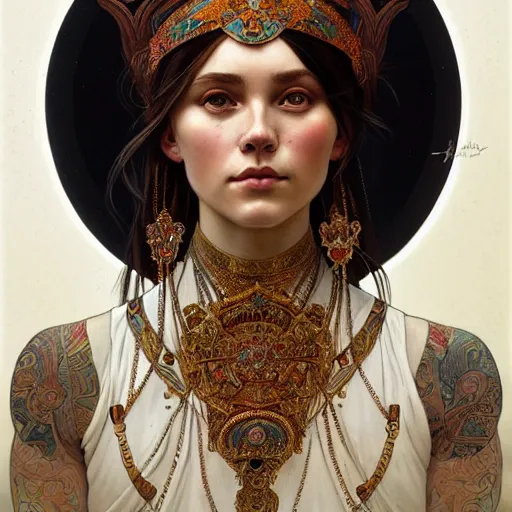 Image similar to a portrait of a female, upper half portrait, decorated with russian motifs, russian shaman, siberia, traditional russia, intricate, elegant, highly detailed, symmetry, headpiece, digital painting, artstation concept art smooth sharp focus, illustration, art by artgerm and greg rutkowski alphonse mucha 8 k